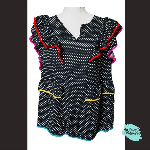 ANDREE BY UNIT Black and White Polka Dot Ruffled Bubble Blouse - Picture 1 of 11